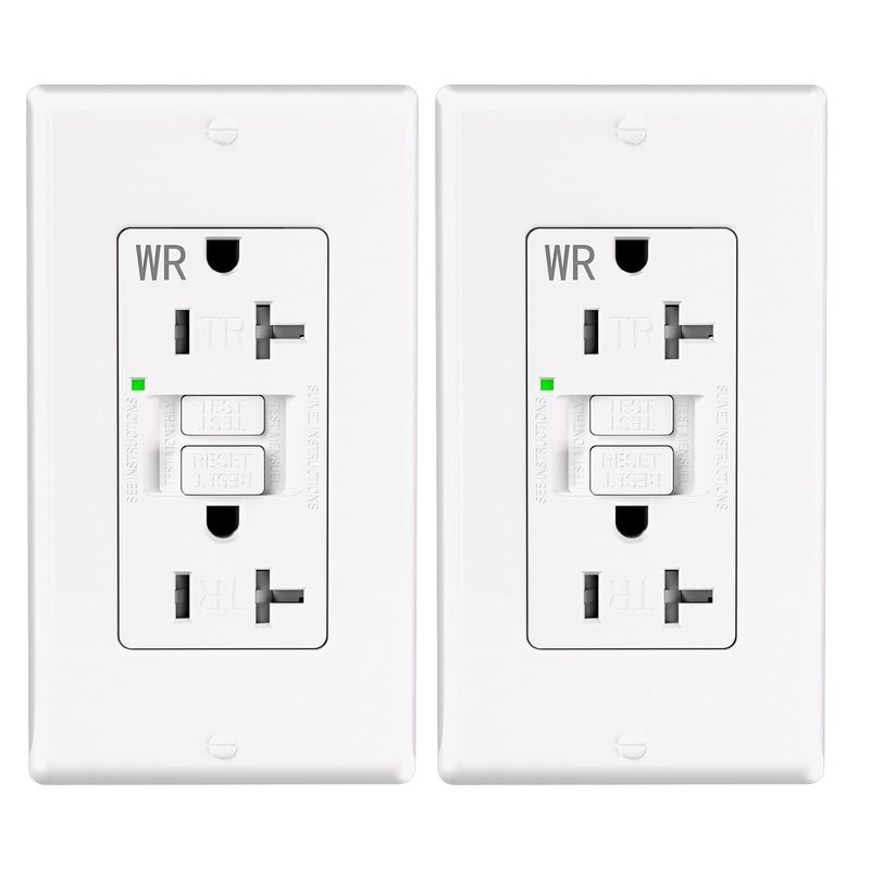 POWAWINI 2 Pack - GFCI Outlet 20 Amp, Thinner Design, Self-Test GFI Receptacle, LED Indicator, UL Listed, Tamper Resistant, Weather Resistant, with Wall Plates and Screws, Indoor Outdoor Use, White - Image 1